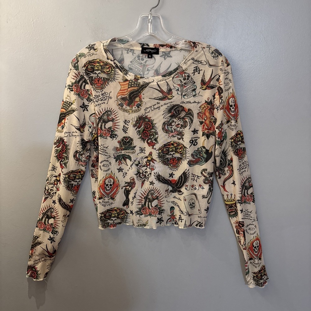 Ed Hardy Flashboard Power Mesh Cropped Top Size XL  Goth Punk Streetwear